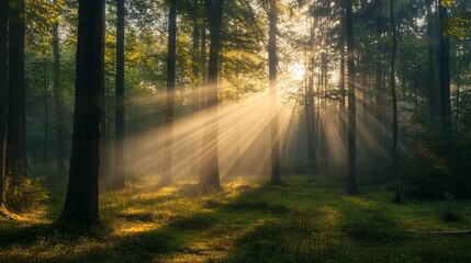 Fototapeta premium Magical sunrise light beams in serene misty forest woods fog rays calm dark path trees green image