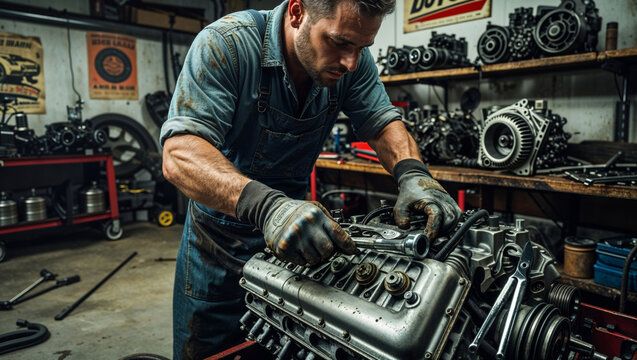 A focused mechanic in his workshop expertly repairs a car engine with precision and skill.