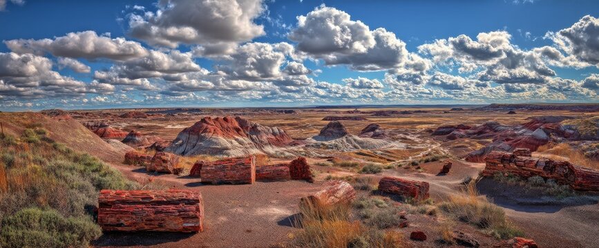 The west side of Red Basin in Arizona's Petrified Forest National Park features large pieces of petrified wood