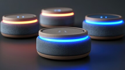 Four Small Circular Devices Lit With Colored Glow Bands