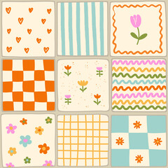 Seamless vector pattern with handpainted ceramic tiles in naive art style. Checkerboard background with daisy and tulip flowers, waves, abstract lines. Geometric retro design