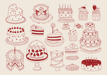 Set of hand drawn wedding and birthday cakes, cupcakes and pies. Whimsical doodle desserts illustrations. Coquette bakery items. Line art sweet pastry food. Vector graphic