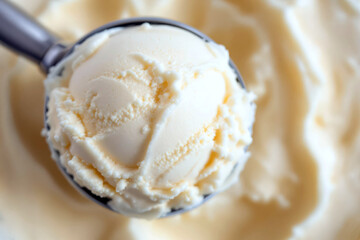 A close-up, top down view, of a scoop of vanilla ice cream held in a metal ice cream scooper.