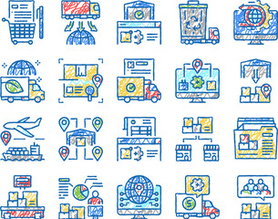 Logistics Business set Icons hand drawn Illustration