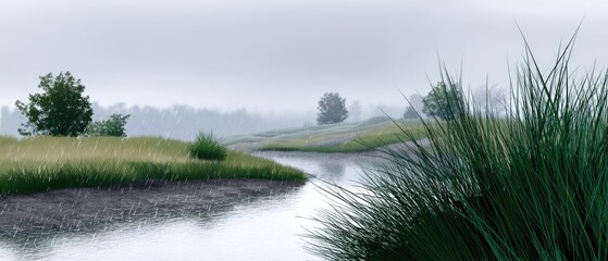 raining morning grey sky concept. Serene landscape with water, grasses, and trees under a misty sky.