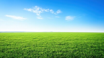 Fototapeta premium A bright green grassy field extends under a clear blue sky