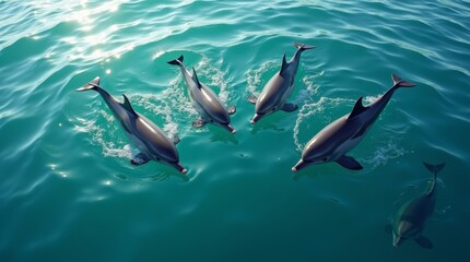 A high-resolution, professionally captured stock photo of a cluster of five to seven dolphins, varied in size and age, playing and breaching the turquoise ocean surface, viewed from directly above