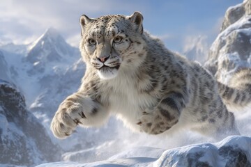 Obraz premium Exploring the Majesty of Snow Leopards in Their Rugged Natural Habitat Through Dynamic Movements