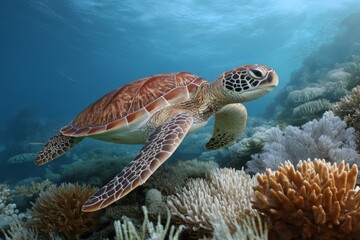 Fototapeta premium A Majestic Sea Turtle Swimming Gracefully Over a Colorful Coral Reef in Its Natural Habitat