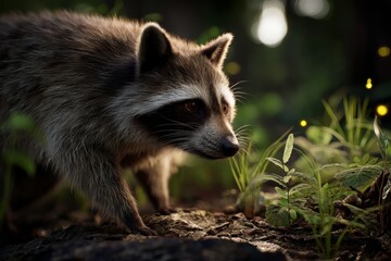Naklejka premium A Delightful Raccoon Exploring the Twilight Woodland Floor Surrounded by Fireflies