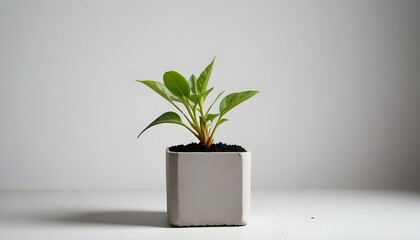 A small, vibrant green plant in a minimalist concrete pot against a bright, clean background.