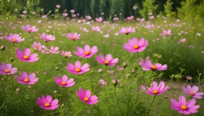 Fototapeta premium A serene view of cosmos flowers blooming in a sunny meadow, showcasing vibrant pink petals and lush green hues.