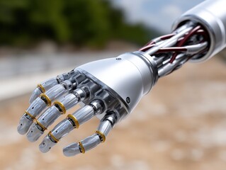 A metallic robotic hand with detailed joints and exposed wiring, reaching forward in an outdoor setting.