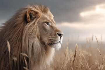 Fototapeta premium The Majestic Lion Observing Its Golden Savannah Habitat Surrounded by Tall Grasses