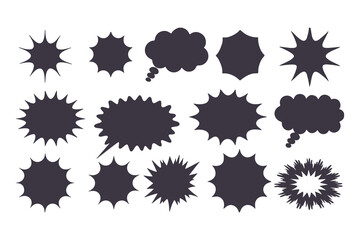 Black Comic Explosion and Speech Bubble Vector Shapes. Starburst Silhouettes for Graphic Design, Comic Book Art, Pop Art, and Digital Illustration.
