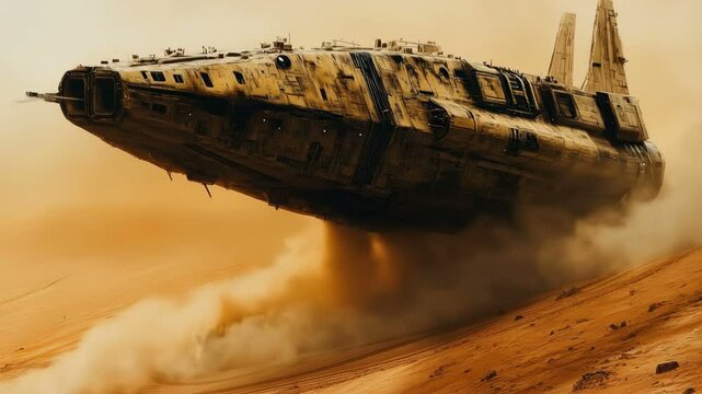 A stunning futuristic spacecraft moving gracefully through a fierce desert sandstorm an imaginative Sci-Fi concept