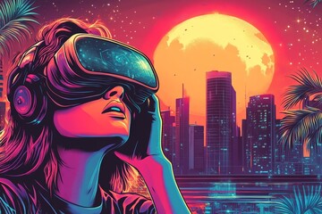 An individual wearing a virtual reality headset is delighting in an immersive cinematic experience with 360-degree videos, as depicted in a digital illustration