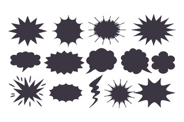 Black Comic Explosion and Speech Bubble Vector Shapes. Starburst Silhouettes for Graphic Design, Comic Book Art, Pop Art, and Digital Illustration.