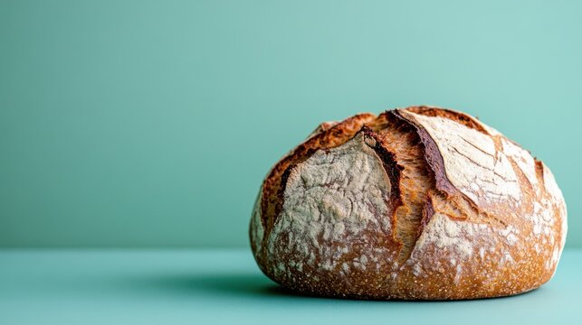 A dense spelt bread loaf with a crusty surface on a pastel green background 