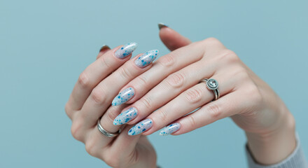  Elegant Teal Speckled Nails: Chic Nail Art Design, Manicured Hands with Rings, Luxury Fashion, & Trendy Style