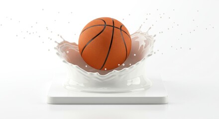 High-Resolution Vibrant Orange Basketball Splashing Into Creamy White Liquid on a Sleek Minimalist Pedestal