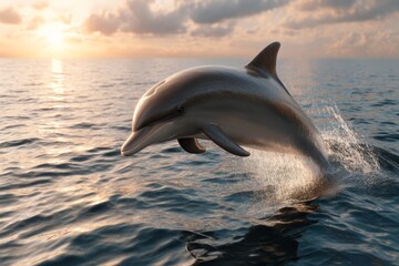 Fototapeta premium A Beautiful Dolphin Leaping from Sparkling Ocean Waves at Sunset Captured in Stunning Detail
