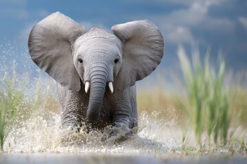 Naklejka premium An Endearing Baby Elephant Playfully Splashing in a Muddy Waterhole Under a Bright Sky