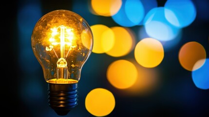 A bright illuminated lightbulb shining with an out of focus background