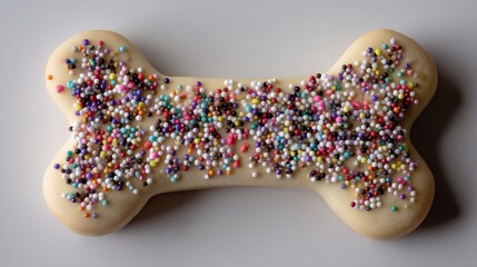 A delicious dog biscuit in a bone shape topped with vibrant sprinkles is set against a plain background, ready to celebrate a special occasion for pets