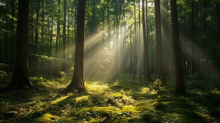 Obraz premium Magical sunlight beams in a lush green forest scene with mossy ground day calm path dark trees woods