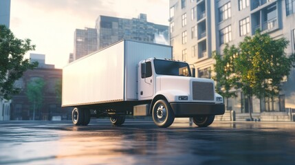 Clean side view of a white box truck parked in an industrial park, ready for marketing, advertising, and branding visuals