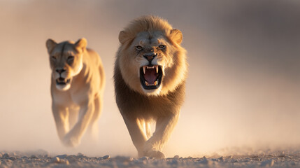 Angry lion and lioness running in the wild nature safari animal wildlife predator big cat feline mammal