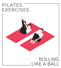 Pilates Rolling Like a Ball Pose Exercise Isometric Set Vector
