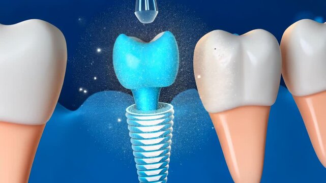 Implantation, dental surgery, tooth restoration. Oral health. Implants integrate with jawbone securely. Molars withstand intense chewing forces. Gum health essential for implant success.