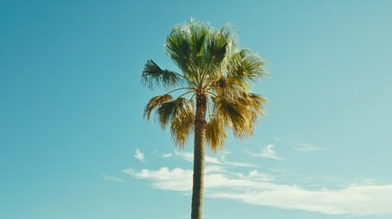 Fototapeta premium A single palm tree stands tall against the clear blue sky