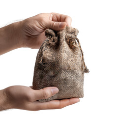 Obraz premium Close Up of Hands Gently Holding a Small Brown Bag Against a Transparent Background