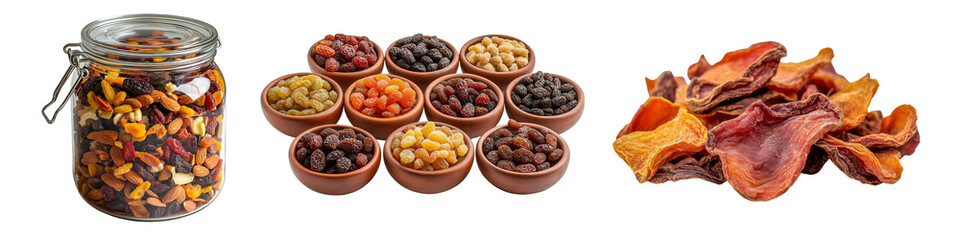 Collection of dried fruits, raisins and nuts in glass jar and terracotta bowls, isolated on a transparent background.