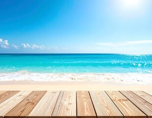 Fototapeta premium Wooden planks overlooking a tranquil turquoise ocean beach under a sunny blue sky. Perfect for summer, vacation, travel, and product displays.
