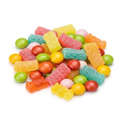 Multicolored jelly candies on a white background. Sweet treats, children's delicacy