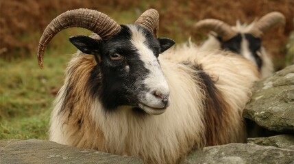 Obraz premium Jacob Sheep Portrait: Horned Ram in Natural Habitat