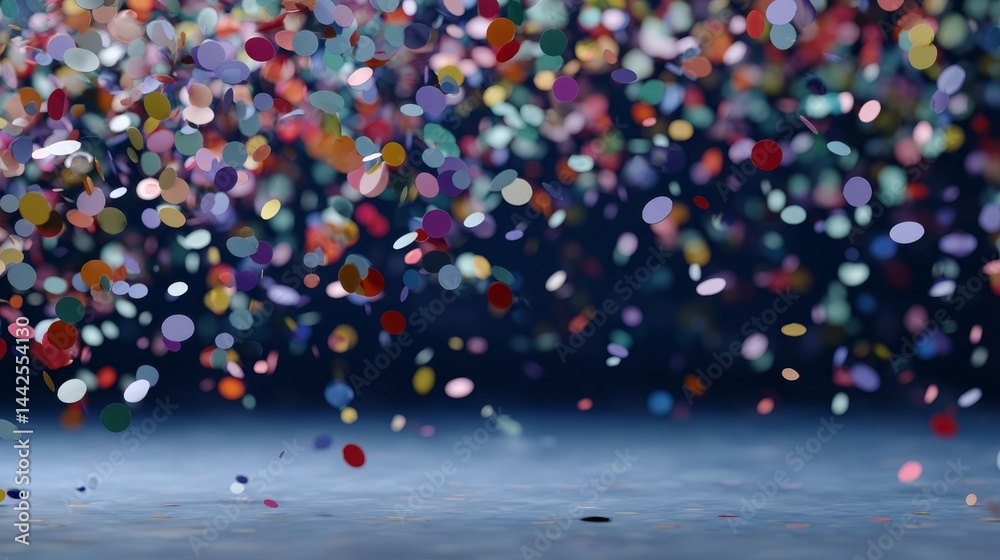 Poster Colorful bokeh lights form a magical cascade reminiscent of confetti, creating an enchanting and celebratory vibe ideal for festive occasions and invitations