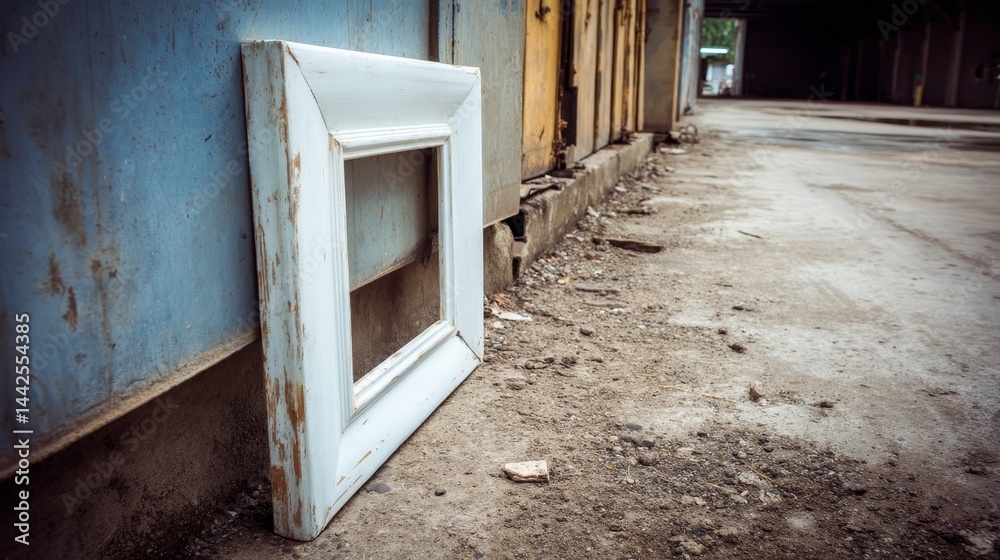 Aufkleber a retro instant photo frame with weathered edges leans against a wall, surrounded by urban textures,