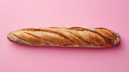 A French baguette with a crispy crust leaning diagonally on a muted pink background