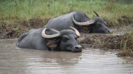 Obraz premium Water Buffalo in Muddy Water, Relaxing in Nature