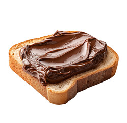 Slice of bread with chocolate spread isolated on white background. Delicious homemade dessert. Hazelnut cocoa chocolate spread on piece of bread, closeup isolated on white.