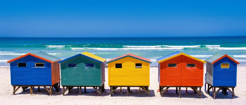Colorful beach huts lining the sandy shore of Muizenberg Beach in Cape Town, South Africa