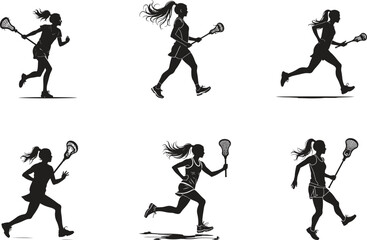 Silhouette lacrosse female player set. sport, athlete, team, competition. vector illustration