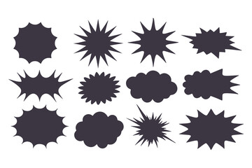 Black Comic Explosion and Speech Bubble Vector Shapes. Starburst Silhouettes for Graphic Design, Comic Book Art, Pop Art, and Digital Illustration.