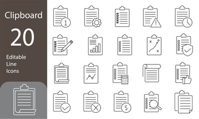 Clipboard Editable Line Icons Set. Clipboard, checklist, report, survey or agreement editable stroke outline icons set isolated on transparent background. vector illustration