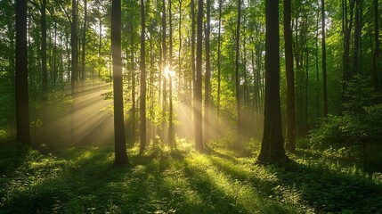 Obraz premium Magical sunrise beams in lush green forest sunlight rays illuminate tranquil nature scene fog calm